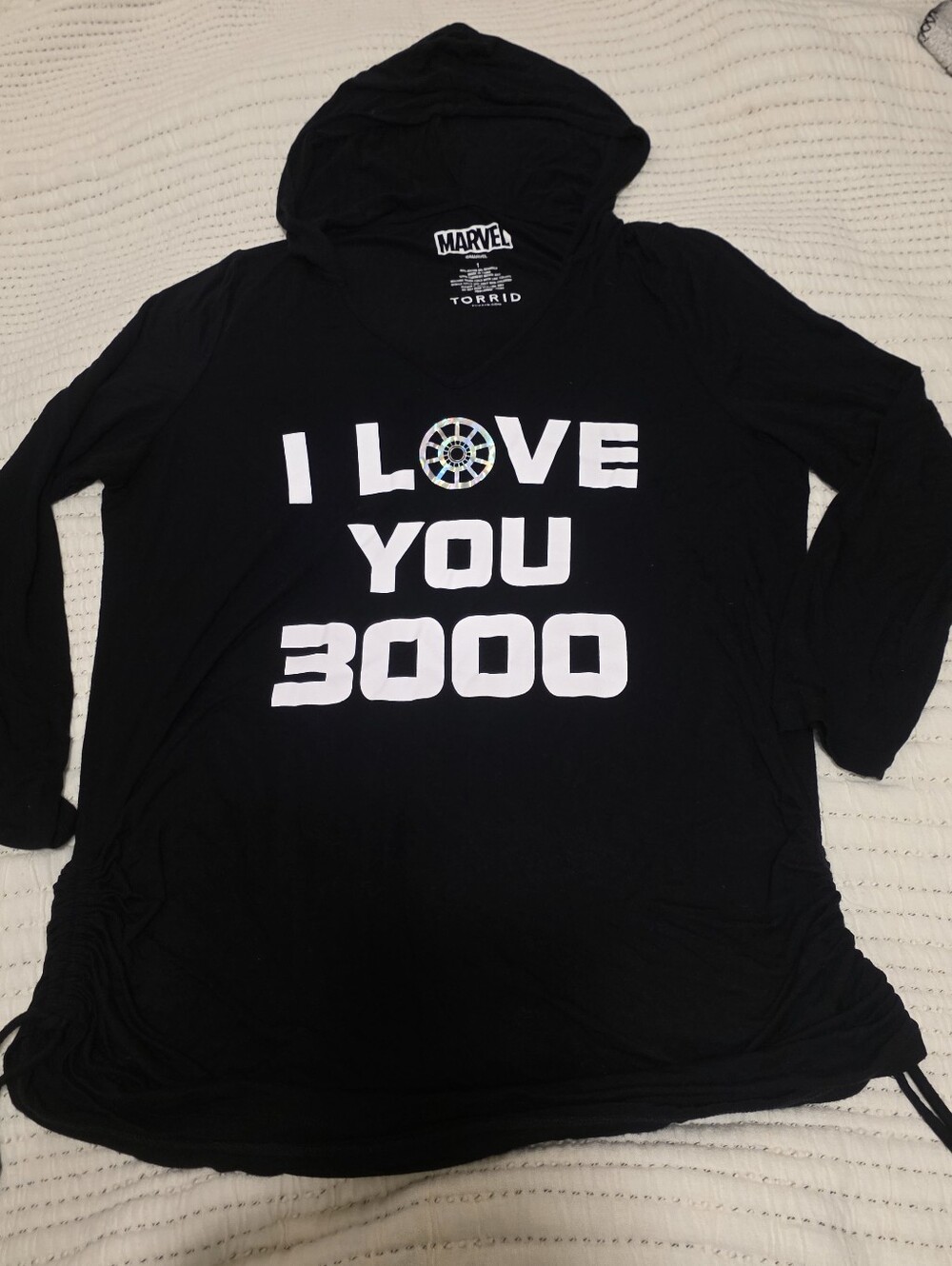 Torrid Marvel "I Love You 3000" Black Hooded Shirt Nwot 1x